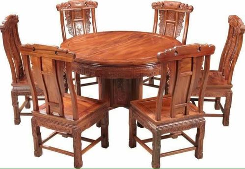 隆兴堂红木家具 实木精致圆桌椅组合 一卓六椅非洲酸枝木